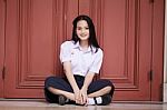 Portrait Of Thai High School Student Uniform Teen Beautiful Girl Happy And Relax, Stock Photo