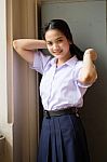 Portrait Of Thai High School Student Uniform Teen Beautiful Girl Happy And Relax, Stock Photo