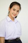 Portrait Of Thai High School Student Uniform Teen Beautiful Girl Happy And Relax, Stock Photo