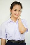 Portrait Of Thai High School Student Uniform Teen Beautiful Girl Happy And Relax, Stock Photo