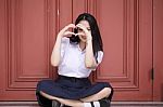 Portrait Of Thai High School Student Uniform Teen Beautiful Girl Happy And Relax, Stock Photo