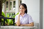 Portrait Of Thai High School Student Uniform Teen Beautiful Girl Happy And Relax, Stock Photo