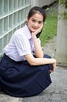 Portrait Of Thai High School Student Uniform Teen Beautiful Girl Happy And Relax, Stock Photo