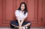 Portrait Of Thai High School Student Uniform Teen Beautiful Girl Happy And Relax, Stock Photo