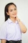 Portrait Of Thai High School Student Uniform Teen Beautiful Girl Happy And Relax, Stock Photo