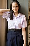 Portrait Of Thai High School Student Uniform Teen Beautiful Girl Happy And Relax, Stock Photo