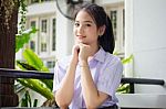 Portrait Of Thai High School Student Uniform Teen Beautiful Girl Happy And Relax, Stock Photo