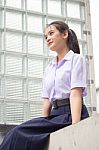 Portrait Of Thai High School Student Uniform Teen Beautiful Girl Happy And Relax, Stock Photo