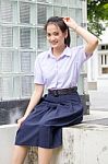 Portrait Of Thai High School Student Uniform Teen Beautiful Girl Happy And Relax, Stock Photo