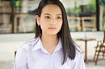 Portrait Of Thai High School Student Uniform Teen Beautiful Girl Happy And Relax, Stock Photo