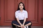 Portrait Of Thai High School Student Uniform Teen Beautiful Girl Happy And Relax, Stock Photo