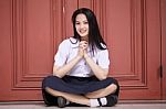 Portrait Of Thai High School Student Uniform Teen Beautiful Girl Happy And Relax, Stock Photo