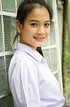 Portrait Of Thai High School Student Uniform Teen Beautiful Girl Happy And Relax, Stock Photo