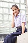 Portrait Of Thai High School Student Uniform Teen Beautiful Girl Happy And Relax, Stock Photo