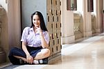 Portrait Of Thai High School Student Uniform Teen Beautiful Girl Happy And Relax, Stock Photo