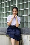 Portrait Of Thai High School Student Uniform Teen Beautiful Girl Happy And Relax, Stock Photo