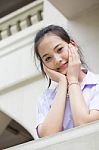 Portrait Of Thai High School Student Uniform Teen Beautiful Girl Happy And Relax, Stock Photo