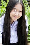 Portrait Of Thai High School Student Uniform Teen Beautiful Girl Happy And Relax, Stock Photo