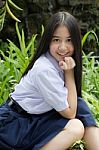 Portrait Of Thai High School Student Uniform Teen Beautiful Girl Happy And Relax, Stock Photo