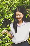 Portrait Of Thai High School Student Uniform Teen Beautiful Girl Happy And Relax, Stock Photo