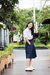 Portrait Of Thai High School Student Uniform Teen Beautiful Girl Happy And Relax, Stock Photo