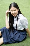 Portrait Of Thai High School Student Uniform Teen Beautiful Girl Happy And Relax, Stock Photo