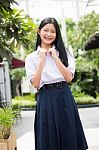 Portrait Of Thai High School Student Uniform Teen Beautiful Girl Happy And Relax, Stock Photo