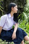 Portrait Of Thai High School Student Uniform Teen Beautiful Girl Happy And Relax, Stock Photo