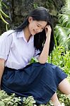 Portrait Of Thai High School Student Uniform Teen Beautiful Girl Happy And Relax, Stock Photo