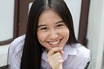 Portrait Of Thai High School Student Uniform Teen Beautiful Girl Happy And Relax, Stock Photo