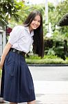 Portrait Of Thai High School Student Uniform Teen Beautiful Girl Happy And Relax, Stock Photo