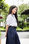 Portrait Of Thai High School Student Uniform Teen Beautiful Girl Happy And Relax, Stock Photo