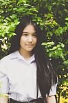 Portrait Of Thai High School Student Uniform Teen Beautiful Girl Happy And Relax, Stock Photo