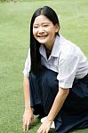 Portrait Of Thai High School Student Uniform Teen Beautiful Girl Happy And Relax, Stock Photo