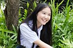 Portrait Of Thai High School Student Uniform Teen Beautiful Girl Happy And Relax, Stock Photo