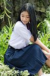 Portrait Of Thai High School Student Uniform Teen Beautiful Girl Happy And Relax, Stock Photo