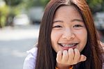 Portrait Of Thai Student Teen Beautiful Girl Happy And Relax Stock Photo