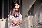 Portrait Of Thai Student Teen Beautiful Girl Happy And Relax Stock Photo