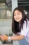 Portrait Of Thai Student Teen Beautiful Girl Happy And Relax Stock Photo