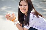 Portrait Of Thai Student Teen Beautiful Girl Happy And Relax Stock Photo