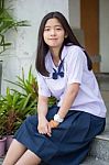 Portrait Of Thai Student Teen Beautiful Girl Happy And Relax Stock Photo