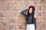 Portrait Of Thai Student Teen Beautiful Girl Relax And Smile Stock Photo