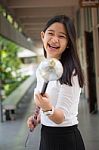 Portrait Of Thai Student Teen Beautiful Girl Relax And Smile Stock Photo