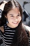 Portrait Of Thai Student Teen Beautiful Girl Relax And Smile Stock Photo