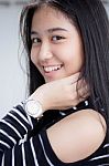 Portrait Of Thai Student Teen Beautiful Girl Relax And Smile Stock Photo