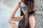 Portrait Of Thai Teen Beautiful Girl Calling Smart Phone Stock Photo