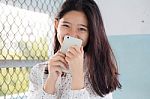 Portrait Of Thai Teen Beautiful Girl Calling Smart Phone Stock Photo