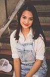 Portrait Of Thai Teen Beautiful Girl Happy And Relax Stock Photo