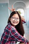 Portrait Of Thai Teen Glasses Beautiful Girl Relax And Smile Stock Photo