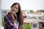 Portrait Of Thai Teen Glasses Beautiful Girl Relax And Smile Stock Photo